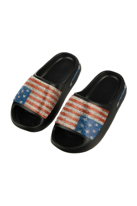 4th of July Rhinestone American Flag Women's Non-Slip Black Cloud Slides-6