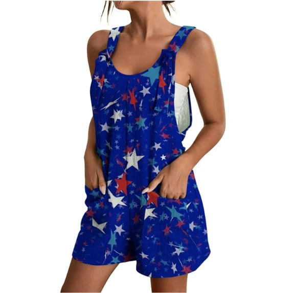 4th of July Romper For Women Sleeveless American Flag Overall Shorts With Pockets