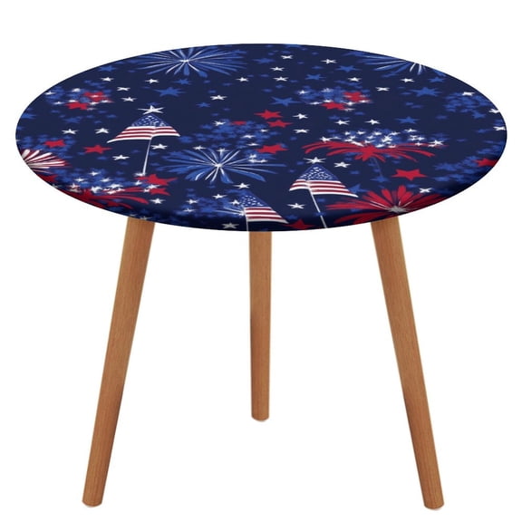 4th of July Round Fitted Tablecloth with Elastic Edged & Backing, Round Table Cover for Indoor Outdoor Patio Use Fits Tables Up to 40" - 54" Diameter