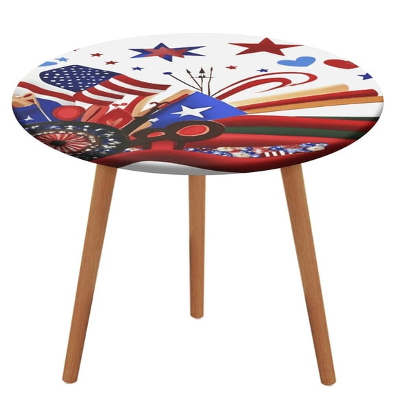 4th of July Round Fitted Tablecloth with Flannel Backing Elastic Table Cloth Waterproof Oil-Proof Plastic Table Cover Table Up 40"-54" Diameter)
