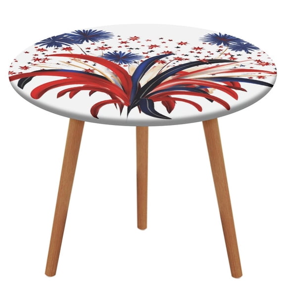4th of July Round Fitted Tablecloth with Flannel Backing Elastic Table Cloth Waterproof Oil-Proof Plastic Table Cover Table Up 40"-54" Diameter)
