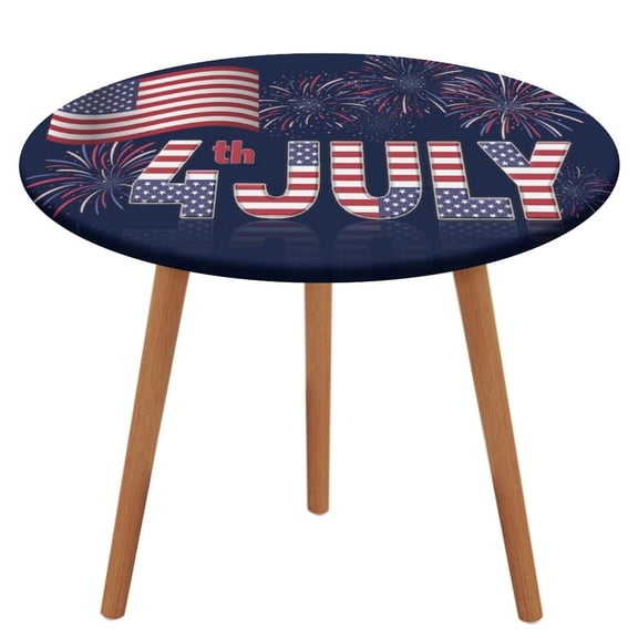 4th of July Round Fitted Tablecloth with Flannel Backing Elastic Table Cloth Waterproof Oil-Proof Plastic Table Cover Table Up 40"-54" Diameter)