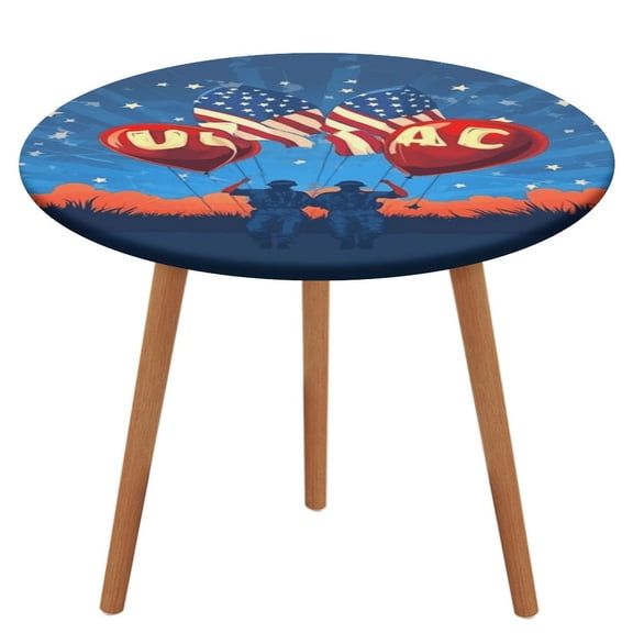 4th of July Round Fitted Tablecloth with Flannel Backing Elastic Table Cloth Waterproof Oil-Proof Plastic Table Cover Table Up 40"-54" Diameter)