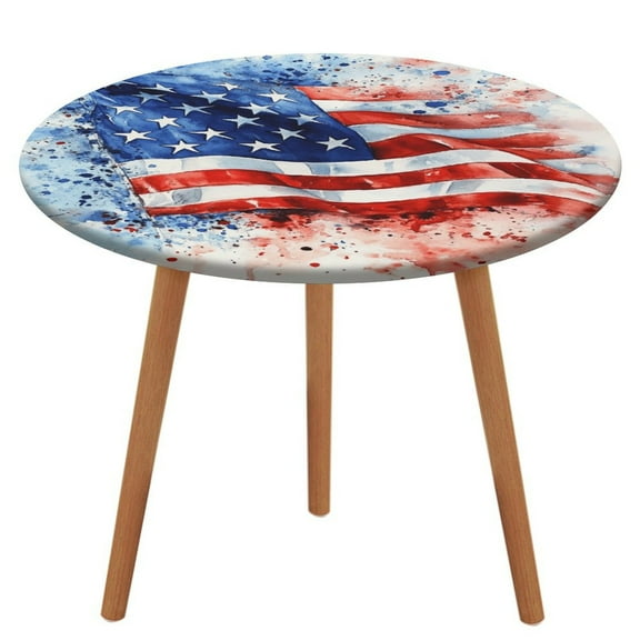 4th of July Round Fitted Tablecloth with Flannel Backing Elastic Table Cloth Waterproof Oil-Proof Plastic Table Cover Table Up 40"-54" Diameter)