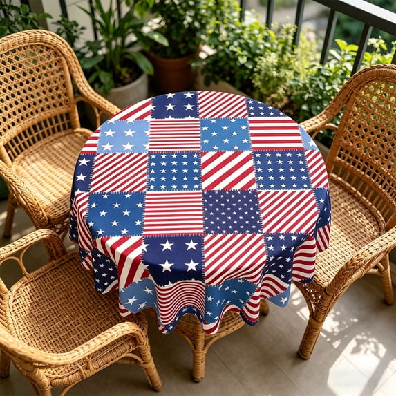 4th of July Round Patriotic Tablecloth, American Stars Table Cover, Rustic USA Heat Resistant Table Cloth for Kitchen Dining Picnic Party