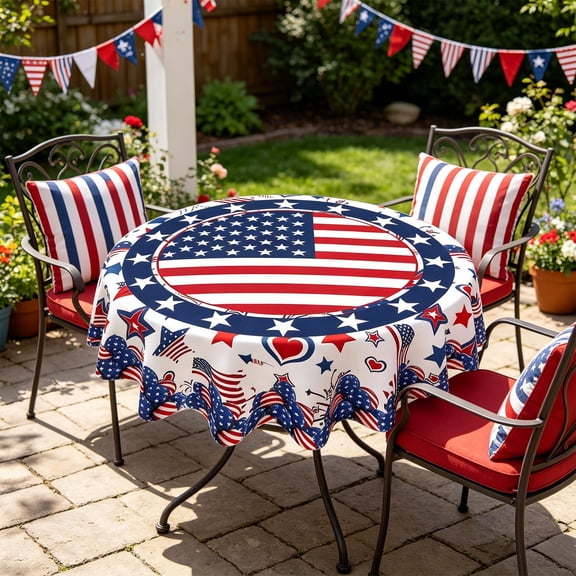 4th of July Round Patriotic Tablecloth, American Stars Table Cover, Rustic USA Heat Resistant Table Cloth for Kitchen Dining Picnic Party