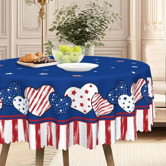 4th of July Round Tablecloth,Patriotic Red White Blue Star Pattern,Spill Proof Soft Table Cover with Scalloped Edge for Kitchen,Dining,Party Decor