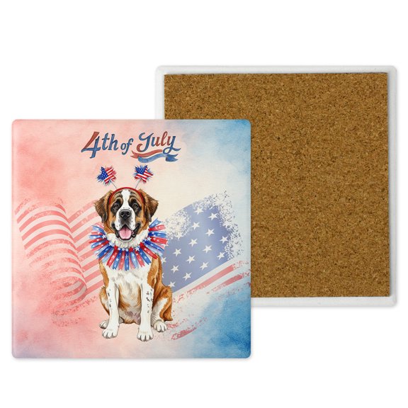 4th of July Saint Bernard Celebrates Independence Day Set of 4 Stone Coasters St Dog Lover 4x4in Absorbent Soapstone Coaster - 12010