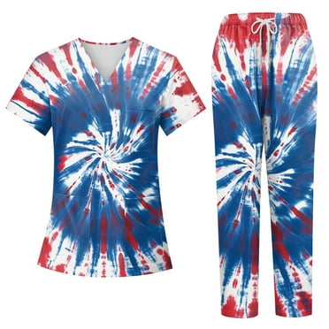 4th of July Scrub Sets Women Patriotic Stretch Plus Size American Flag Print Nurse Uniform Holiday Scrub Tops & Pants with Pockets Blue L