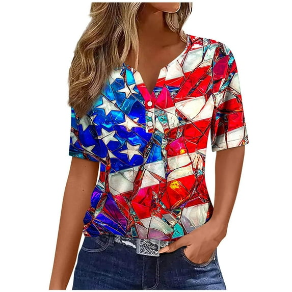 4th of July Scrub Tops Women Stretchy American Flag Print Plus Size Blouse Short Sleeve Shirts