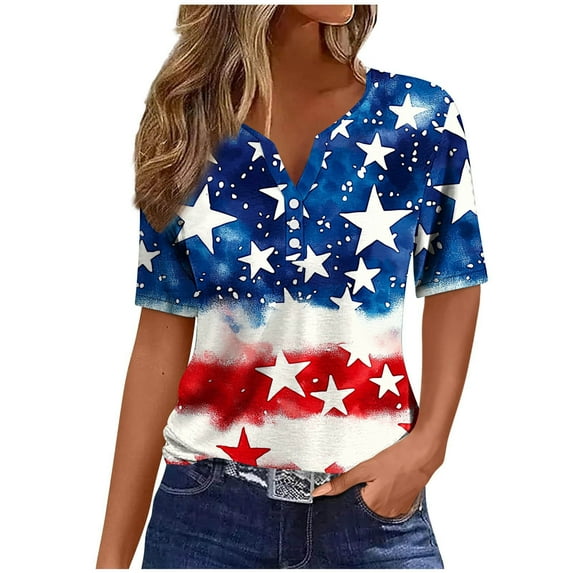4th of July Scrub Tops Women Stretchy American Flag Print Plus Size Blouse Short Sleeve Shirts
