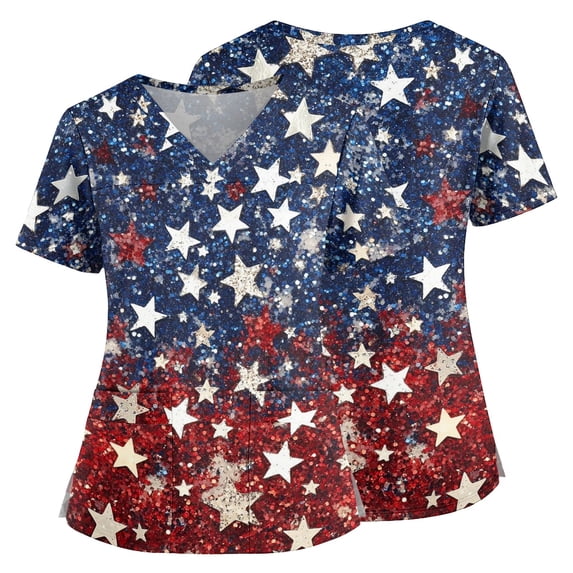 4th of July Scrub Tops Women Vneck USA 1776 - 2026 Independence Day Patriotic Working Uniforms Pocketed Holiday Shirt Dark Blue M