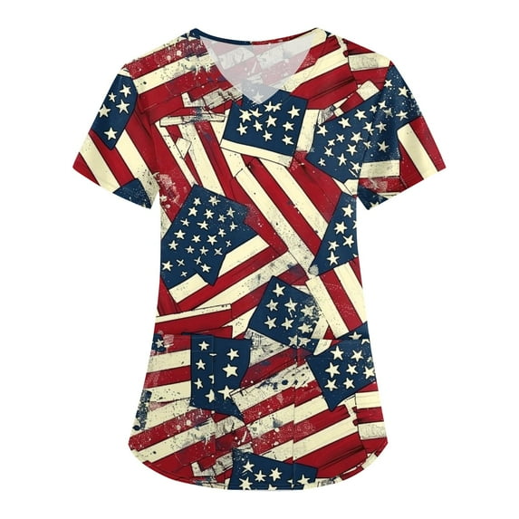 4th of July Scrub Tops for Women Plus Size Short Sleeve V-Neck Red White and Blue Print Working Uniform Cartoon Pattern Tops with Pockets