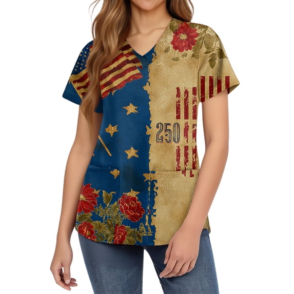 4th of July Scrub Tops for Women Plus Size Short Sleeve V-Neck Star and Stripes Print Working Uniform Independence Day Tops with Pockets