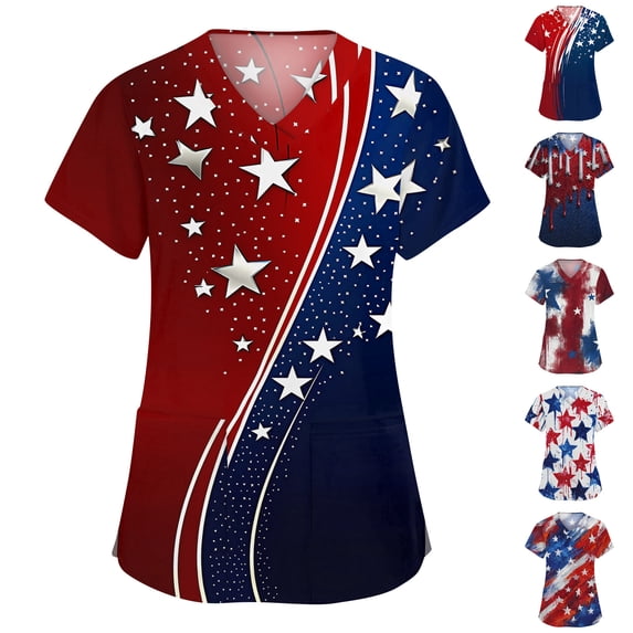 4th of July Scrubs Women Short Sleeve Patriotic Print 250th Anniversary Scrub Tops Medical Nursing Scrubs with Pockets Red L