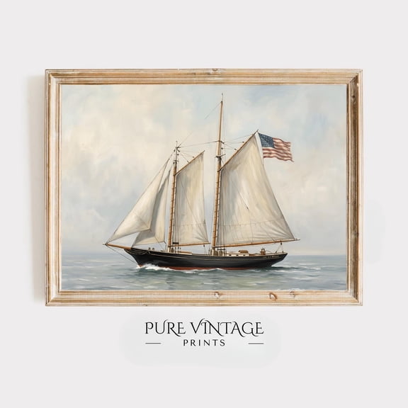 4th of July Ship Print Vintage Style Sailboat Painting Independence Day Decor Patriotic American Flag Americana Printable Art UNFRAMED