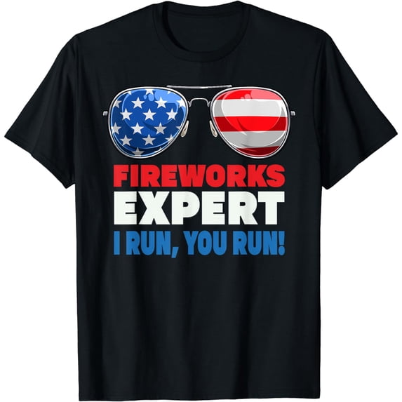 4th of July Shirt. FIREWORKS EXPERT USA Flag Sunglasses Gift T-Shirt
