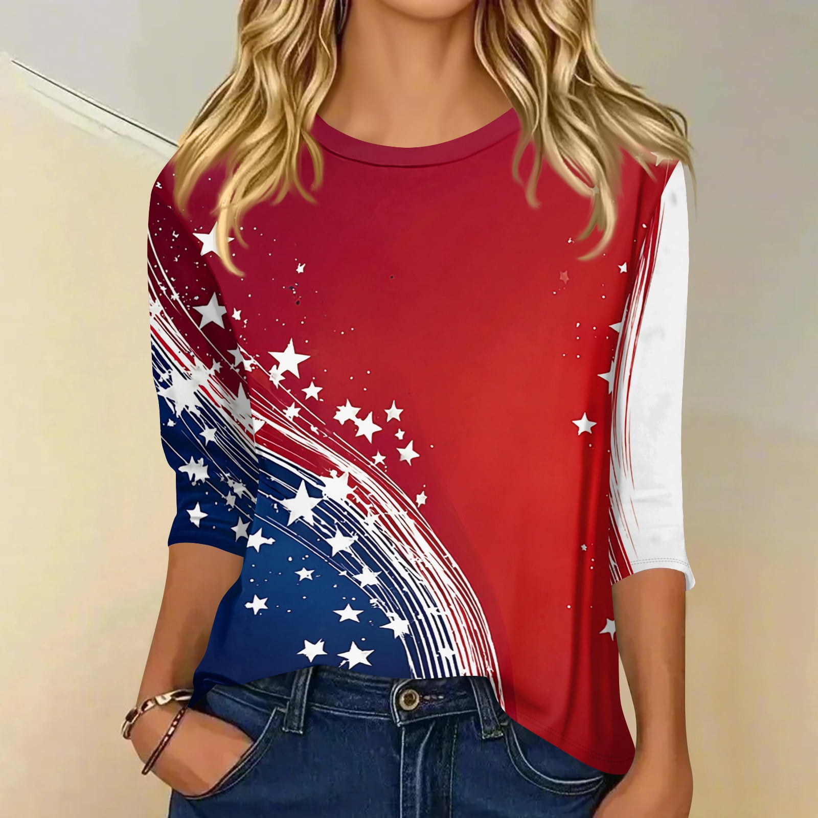 4th of July Shirt Women 3/4 Sleeve Crew Neck Graphic Holiday Tee Tops ...
