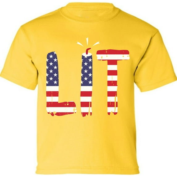 4th of July Shirts Kids Boys Girls - Funny Humor Novelty Graphic Tees - USA American Flag Lit - Age 6 to 15