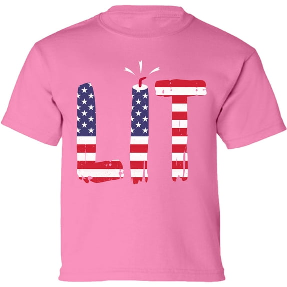 4th of July Shirts Kids Boys Girls - Funny Humor Novelty Graphic Tees - USA American Flag Lit - Age 6 to 15