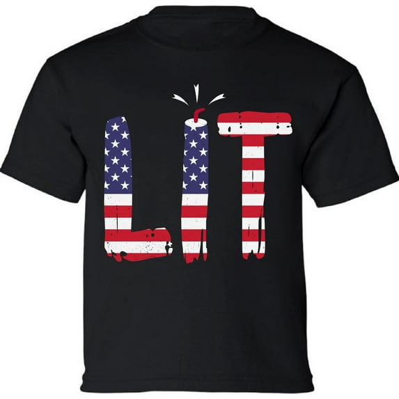4th of July Shirts Kids Boys Girls - Funny Humor Novelty Graphic Tees - USA American Flag Lit - Age 6 to 15