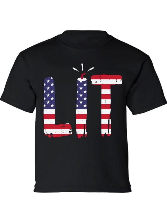 4th of July Shirts Kids Boys Girls - Funny Humor Novelty Graphic Tees - USA American Flag Lit - Age 6 to 15