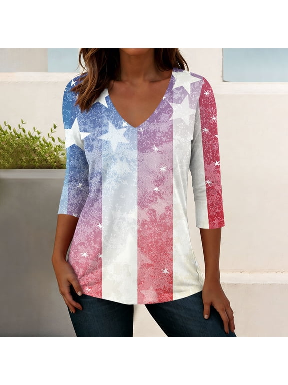4th of July Shirts Women 3/4 Sleeve 250 Anniversary USA V Neck Tops Patriotic Tops