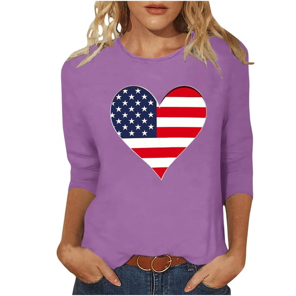 4th of July Shirts Women American Flag 3/4 Sleeve Shirt Tops Casual Summer T Shirt Patriotic Tees