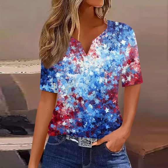 4th of July Shirts Women Button Henley V Neck Short Sleeve Patriotic Tops Casual American Flag Graphic Tee T-Shirts Blue 3XL