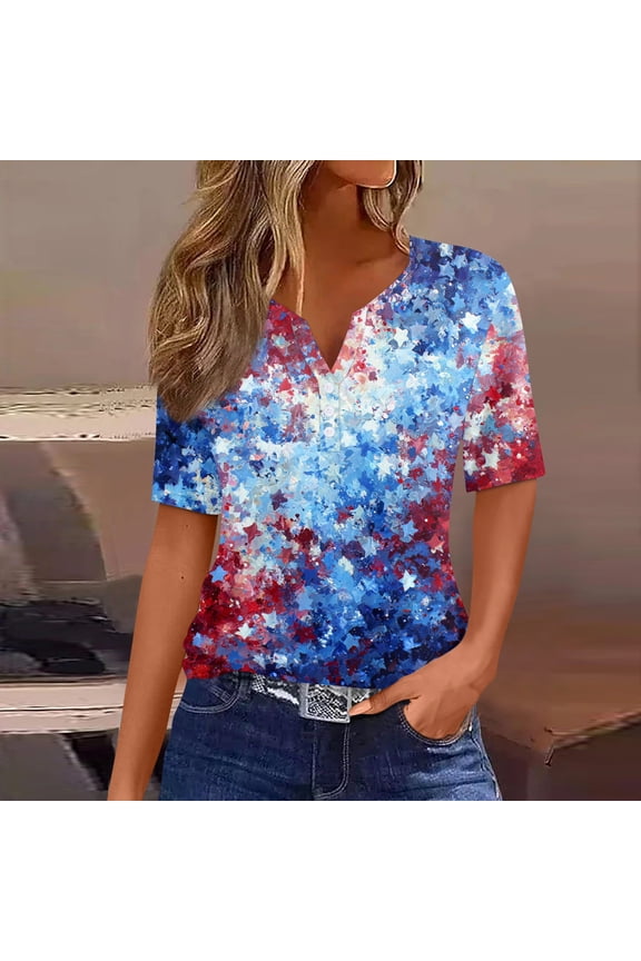 4th of July Shirts Women Button Henley V Neck Short Sleeve Patriotic Tops Casual American Flag Graphic Tee T-Shirts Blue M