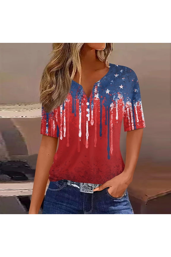 4th of July Shirts Women Button Henley V Neck Short Sleeve Patriotic Tops Casual American Flag Graphic Tee T-Shirts Blue M