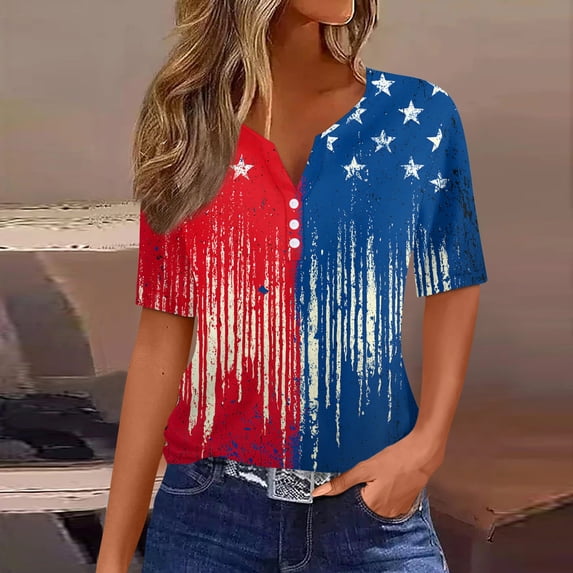 4th of July Shirts Women Button Henley V Neck Short Sleeve Patriotic Tops Casual American Flag Graphic Tee T-Shirts Blue S