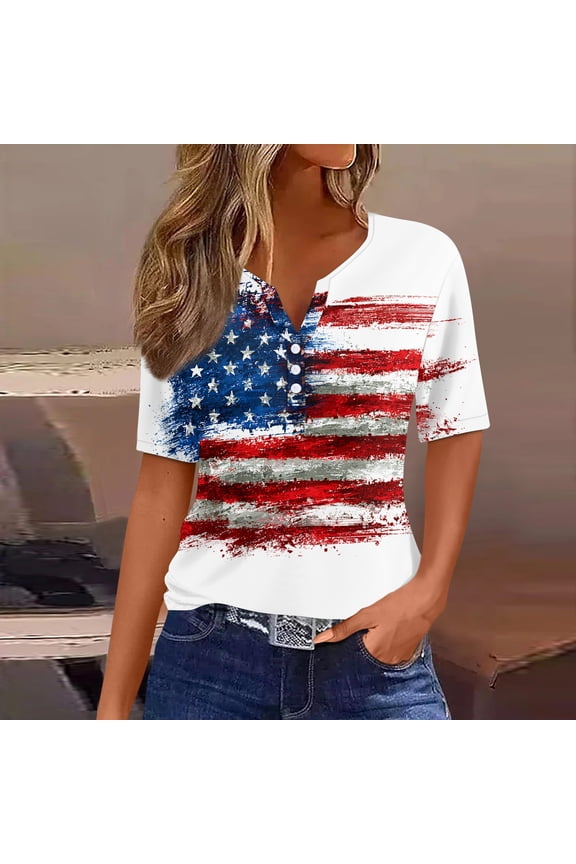 4th of July Shirts Women Button Henley V Neck Short Sleeve Patriotic Tops Casual American Flag Graphic Tee T-Shirts Red XL
