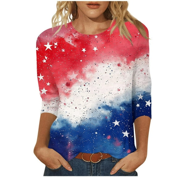 4th of July Shirts Women Cotton 3/4 Length Sleeve Tunic Tops Patriotic American Flag Shirt
