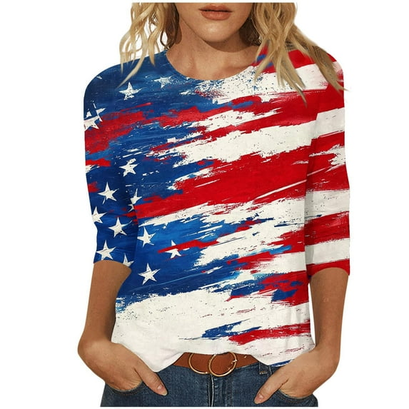 4th of July Shirts Women Cotton 3/4 Length Sleeve Tunic Tops Patriotic American Flag Shirt
