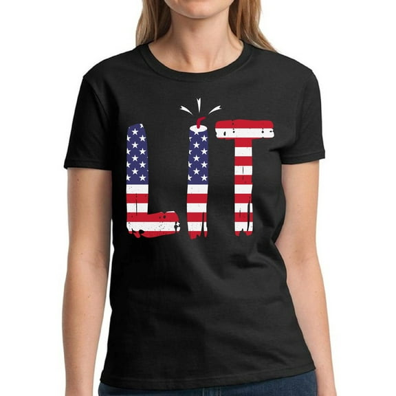 4th of July Shirts Women - Funny Humor Novelty Graphic Tees - USA American Flag Lit