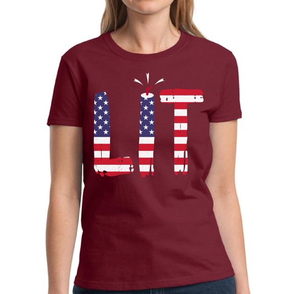 4th of July Shirts Women - Funny Humor Novelty Graphic Tees - USA American Flag Lit