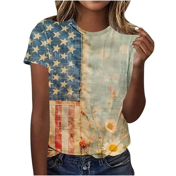 4th of July Shirts Women Patriotic American Flag V Neck 3/4 Sleeve Casual Tops Blouses