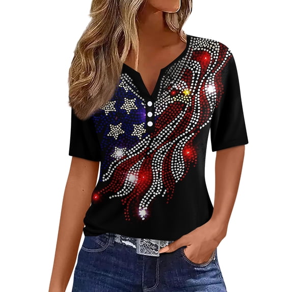 4th of July Shirts Women V Neck Button Tops Henley Tunic T Shirts 2026 Summer Short Sleeve Tees