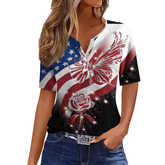 4th of July Shirts Women V Neck Button Tops Henley Tunic T Shirts 2026 Summer Short Sleeve Tees