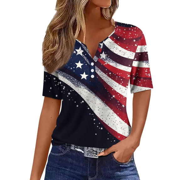 4th of July Shirts Women V Neck Button Tops Henley Tunic T Shirts 2026 Summer Short Sleeve Tees