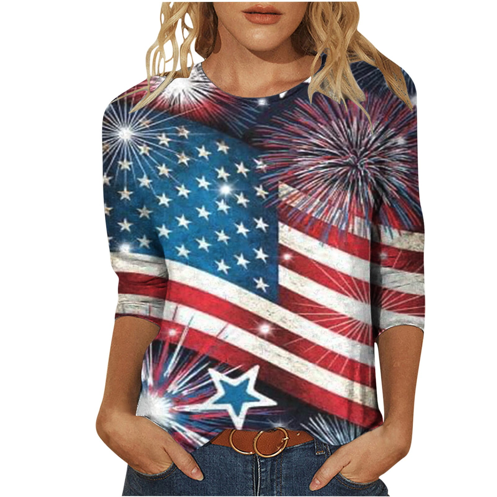 4th of July Shirts Women, Womens Summer Tops 2024 3/4 Sleeve Patriotic