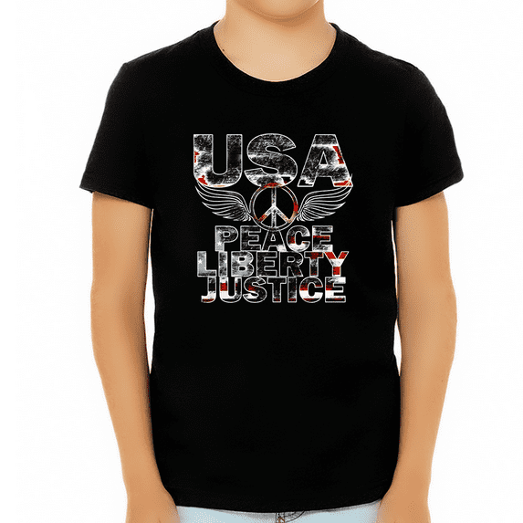 4th of July Shirts for Boys Patriotic Shirts for Boys Peace Liberty Justice Black American Flag Shirt
