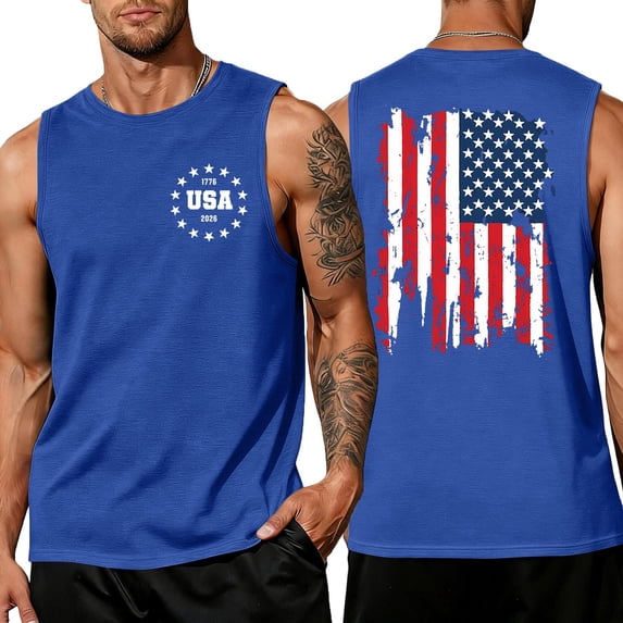 4th of July Shirts for Men Muscle Tank Tops Sleeveless Graphic American Flag Beach Hawaiian T-Shirts