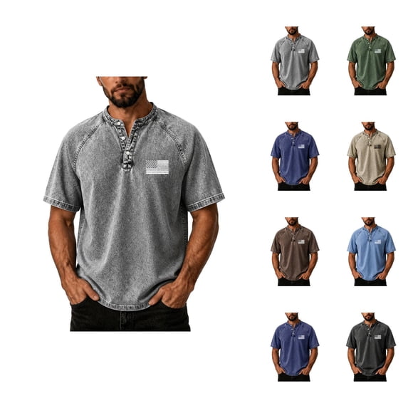 4th of July Shirts for Men Raglan Short Sleeve Henley Neck Oversized T-Shirts Patriotic Shirt American Flag Print Tee Shirt