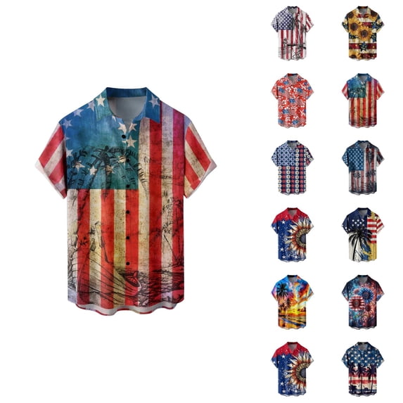 4th of July Shirts for Men Short Sleeve Button Down Lapel Collar Patriotic Shirt America Flag Printed Hawaiian Beach Shirt