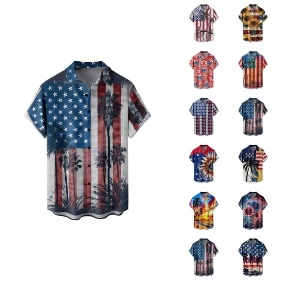 4th of July Shirts for Men Short Sleeve Button Down Lapel Collar Patriotic Shirt America Flag Printed Hawaiian Beach Shirt