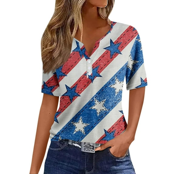 4th of July Shirts for Women 3/4 Length Sleeve Patriotic Tops Dressy Casual Notch Neck Blouses 2024 USA Flag Star Stripes Printed Parade T Shirt