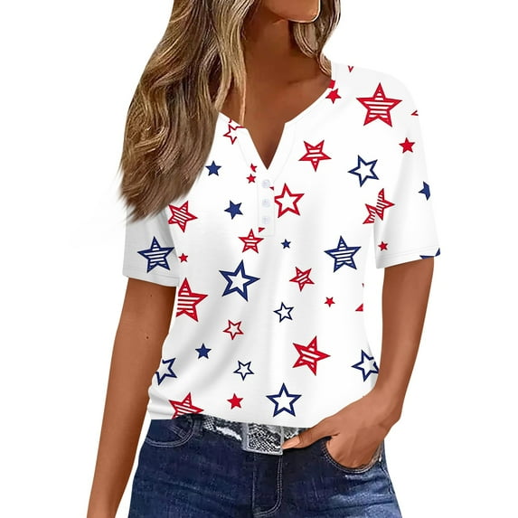 4th of July Shirts for Women 3/4 Length Sleeve Patriotic Tops Dressy Casual Notch Neck Blouses 2024 USA Flag Star Stripes Printed Parade T Shirt