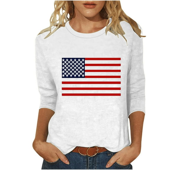4th of July Shirts for Women: American Flag Tee USA Red White Blue Top Patriotic 3/4 Sleeve T Shirt